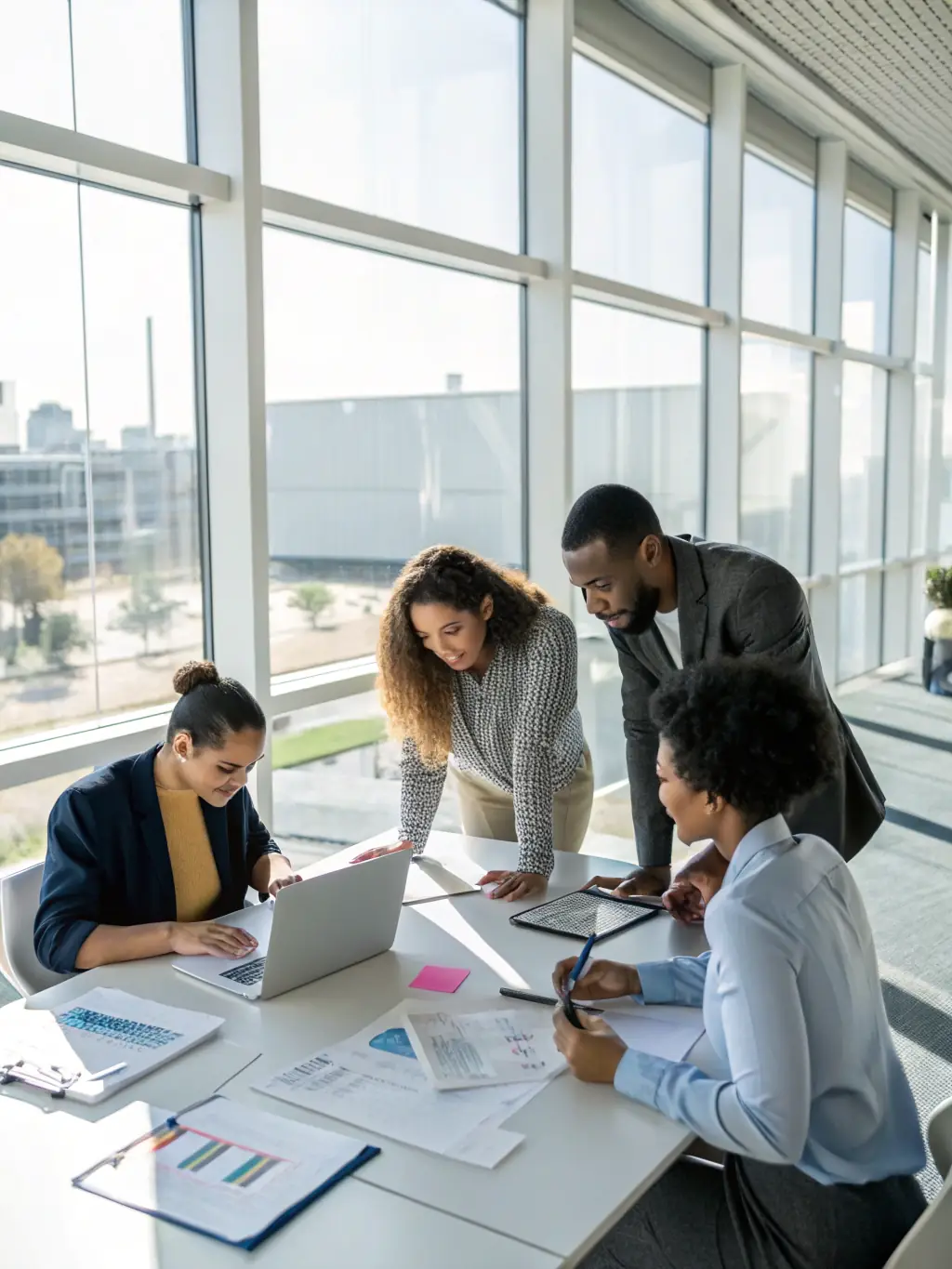 A diverse group of business professionals collaborating in a modern, sunlit office, symbolizing a thriving ethical business ecosystem.