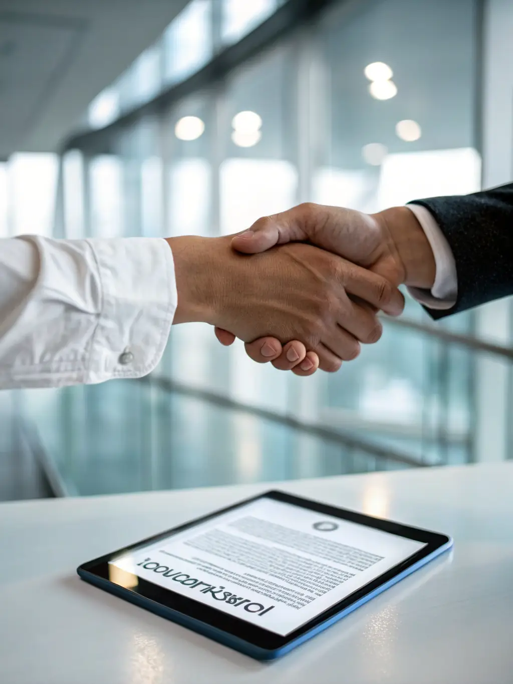 An image depicting a transparent business deal, such as a handshake over a digital contract with clear terms and conditions.